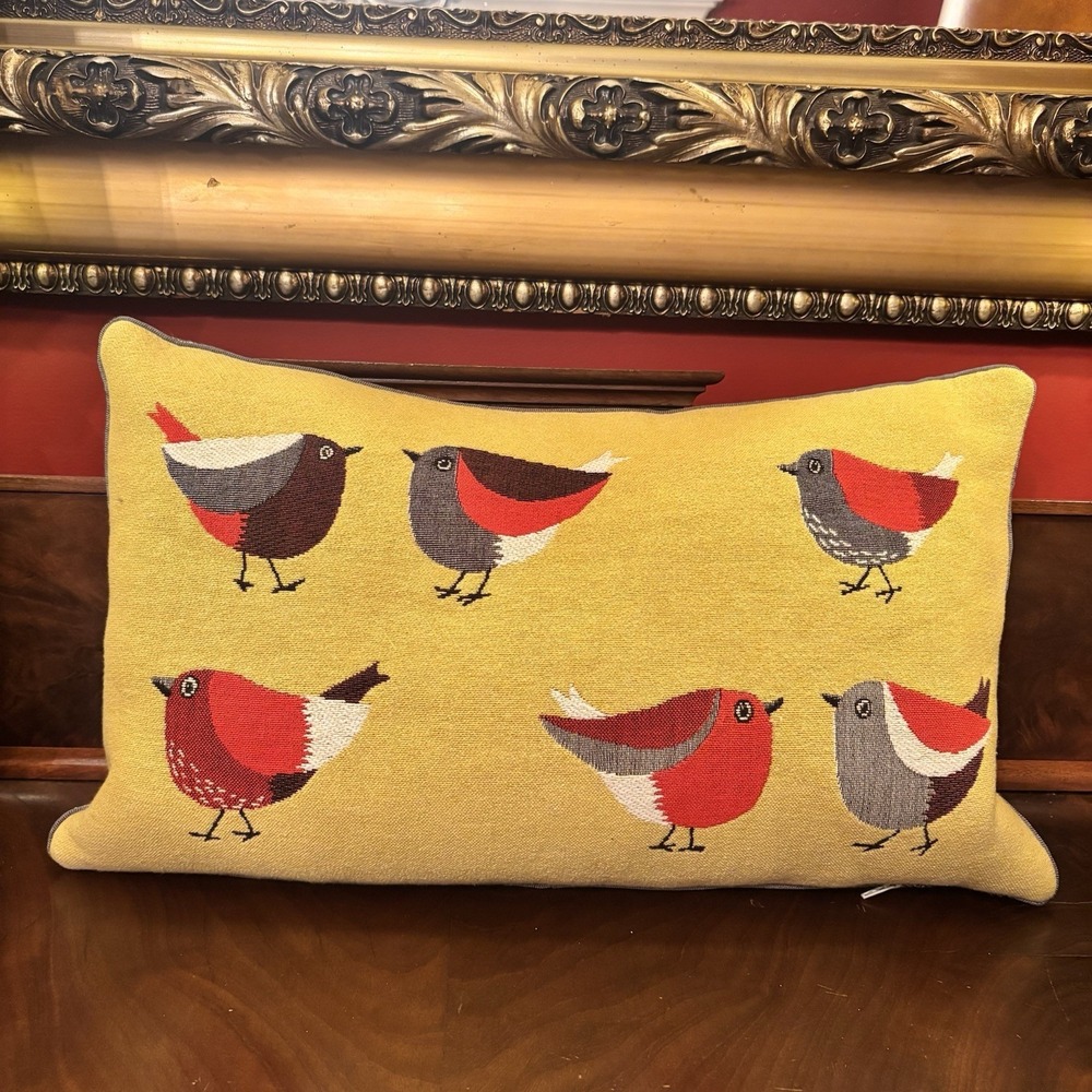 IOSIS Paris Robin Birds Embroidered Throw Pillow 19x12 Farmhouse Cottage Nature - Picture 1 of 5